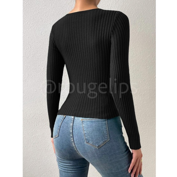 Black Rib Knit Cut Out Keyhole Twisted Detail Long Sleeve Light Sweater Top - Picture 10 of 14